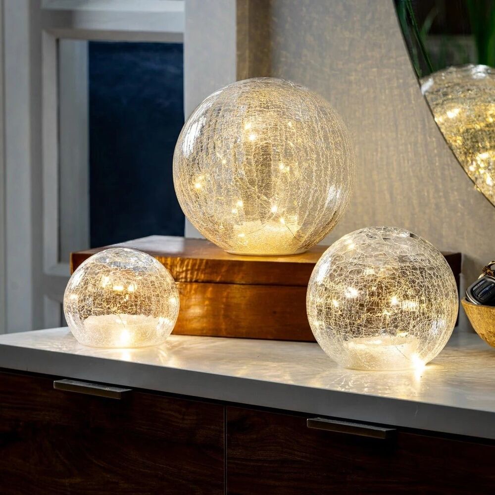 Set Of 3 LED Crackle Glass Sphere Lights NEW